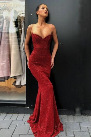 Sexy Sequin Spaghetti Straps V-Neck Mermaid Floor Length Prom Dresses,PDS0350