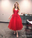 A Line V Neck Knee Length Lace Red  Formal Homecoming Dresses, TYP1967