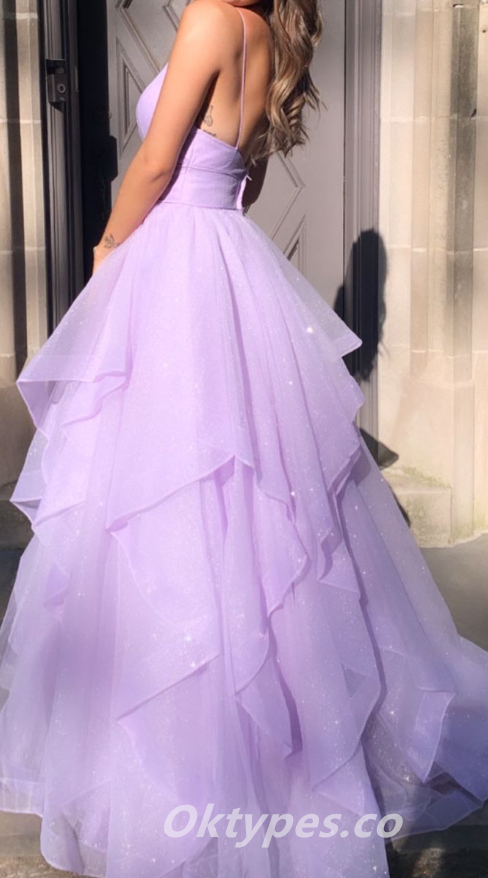 Elegant Purple Tulle Spaghetti Straps V-Neck A-Line Long Prom Dresses,PDS0450