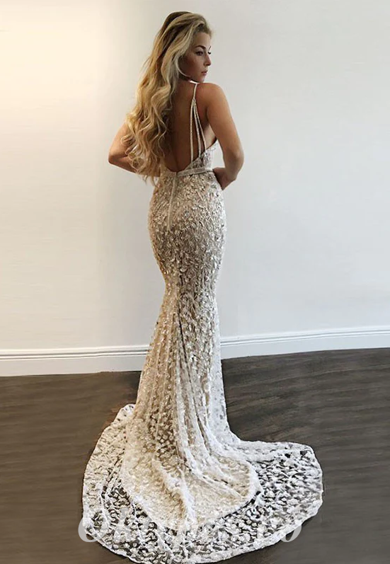 Sexy Lace And Tulle Spaghetti Straps Deep V-Neck Sleeveless Mermaid Long Prom Dresses ,PDS0624