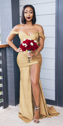 Gold Mismatched Mermaid Side Slit Soft Satin Bridesmaid Dresses, TYP0035