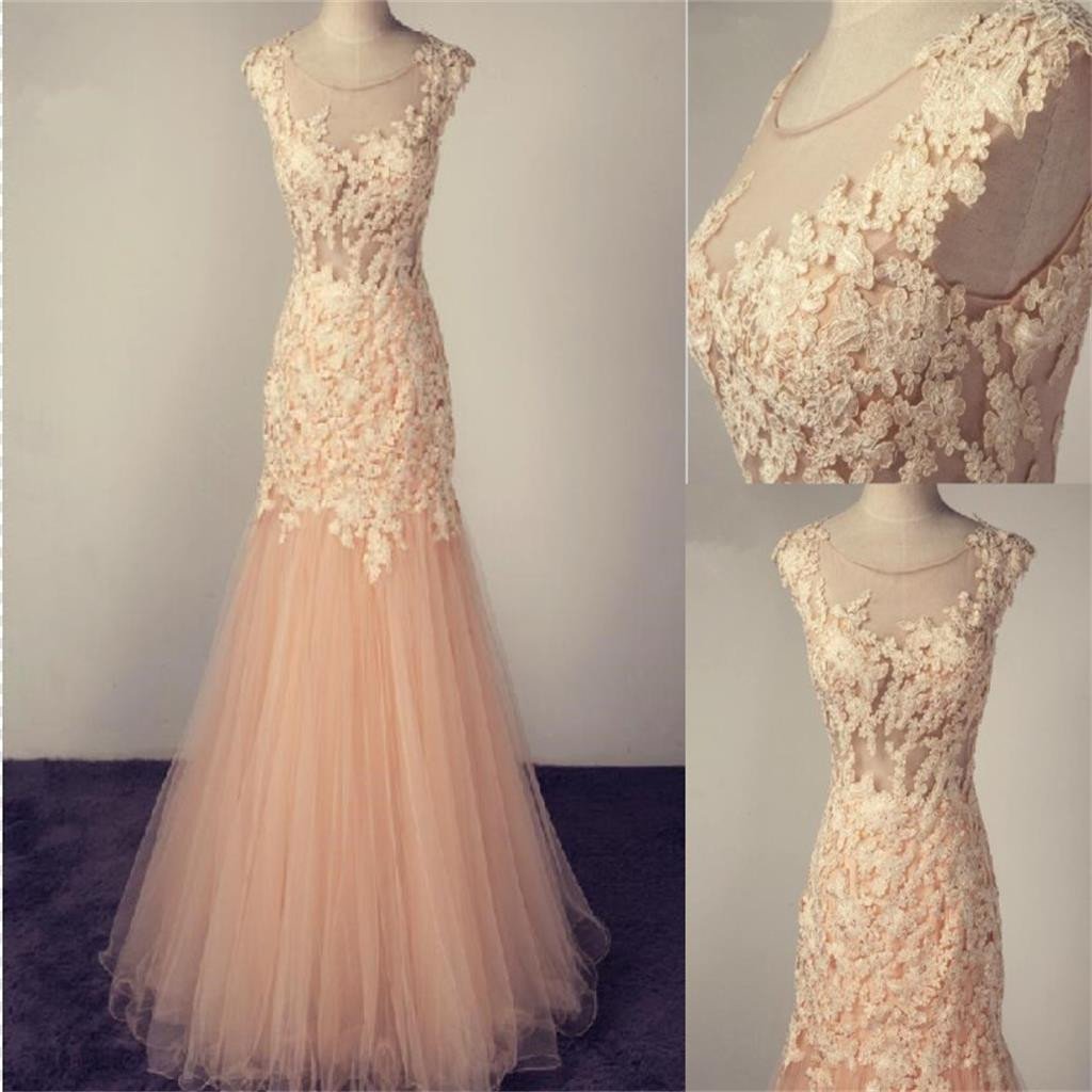 Pale Pink Scoop Tulle Prom Dress With Lace Appliques,Charming Bridesmaid Dresses, TYP0023