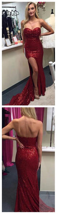 Red Sequin Sweetheart Side Slit Sparkle Prom Dresses, Sexy Formal Evening Dresses, TYP0033