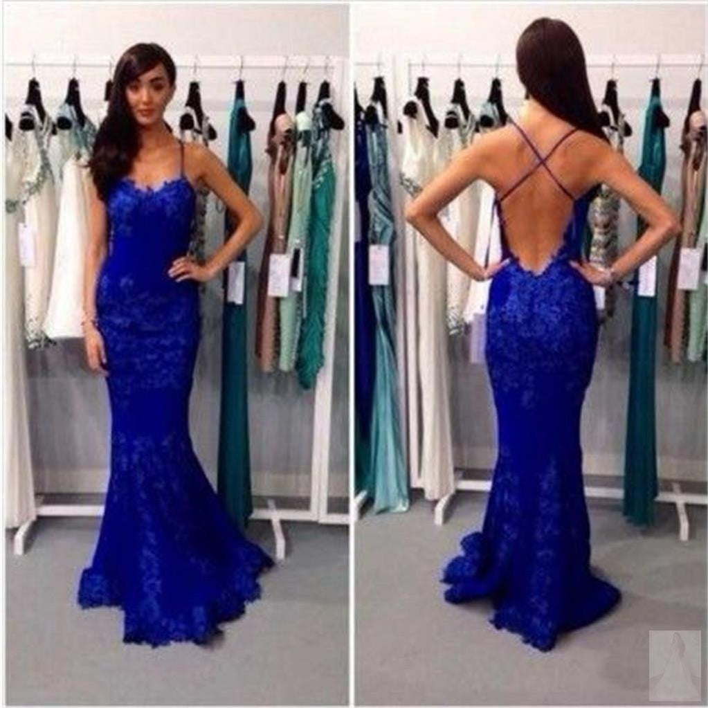 Royal Blue Lace Mermaid Prom Dresses, Sexy Backless Spaghetti Prom Dresses, TYP0034