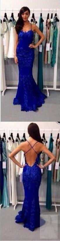 Royal Blue Lace Mermaid Prom Dresses, Sexy Backless Spaghetti Prom Dresses, TYP0034