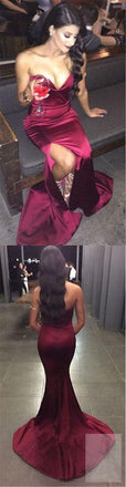 Sexy Burgundy Sweetheart Mermaid Side Slit Prom Dresses, Cheap Popular Satin Prom Dress, TYP0047