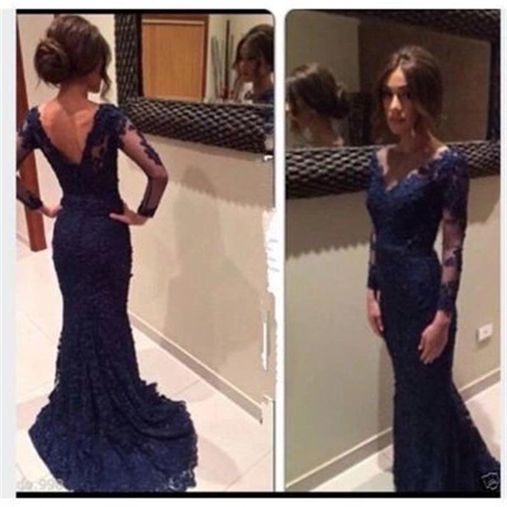 Navy Prom Dresses, Long Prom Dresses, Lace Prom Dresses, V-neck Prom Dresses, Dresses for Prom, Long Sleeves Prom Dresses, Evening Dresses, TYP0006