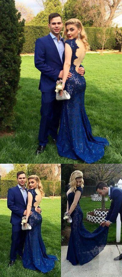 Sexy Backless Mermaid Royal Blue Lace Formal Prom Dresses, Popular Formal Prom Dress, TYP0042