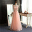 Pink Lace Long A-Line Scoop Tulle Prom Dresses, Cheap Simple Prom Dress, TYP0024
