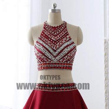 Red Two Piece Beading Prom dresses, Halter Prom Dresses, Zipper Prom Dresses, Soft Satin Prom Dresses, TYP0371