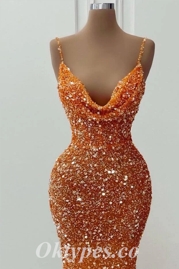 Sexy Orange Sequin Spaghetti Straps Cowl Sleeveless Mermaid Long Prom Dresses ,PDS0619