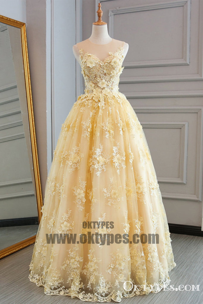 Spring Yellow Lace Customize Long A-line Senior Prom Dress, Long Lace Halter Evening Dress, TYP0455