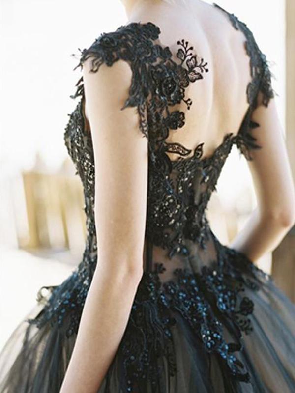 Black Tulle Elegant Cheap Evening Long Prom Dresses With Applique, TYP1452