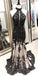 Black Lace Mermaid Halter Open Back Evening Prom Dresses, TYP1445