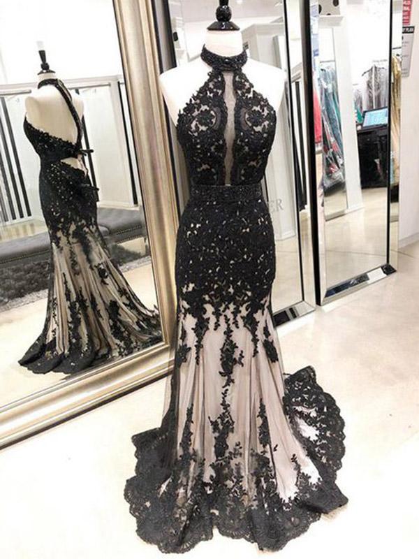 Black Lace Mermaid Halter Open Back Evening Prom Dresses, TYP1445