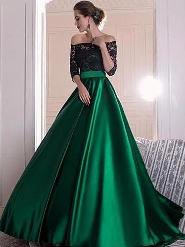 Black Lace Top Off-the-shoulder Half Sleeves Green Satin A-line Prom Dresses, TYP1449