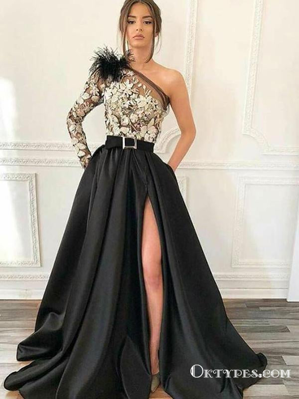 Unique One Shoulder Long Sleeve Black Satin and White Lace Long Prom D Oktypes Unique One Shoulder Long Sleeve Black Satin and White Lace Long Prom D Oktypes