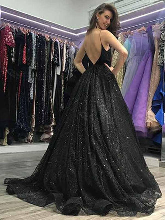 Black Spaghetti Strap Side Slit A-line Long Prom Dresses Online, TYP1450