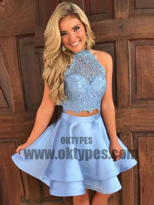 Two Pieces Blue Lace Halter Cheap Homecoming Dresses 2018, Homecoming Dresses, TYP0495