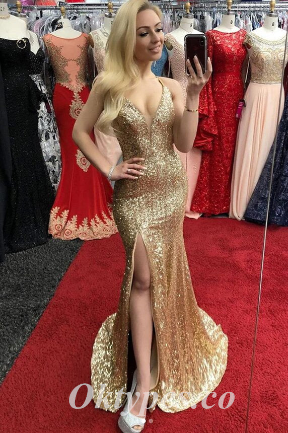 Sexy Gold Sequin Spaghetti Straps V-Neck Sleeveless Lace Up Side Slit Mermaid Long Prom Dresses,PDS0741