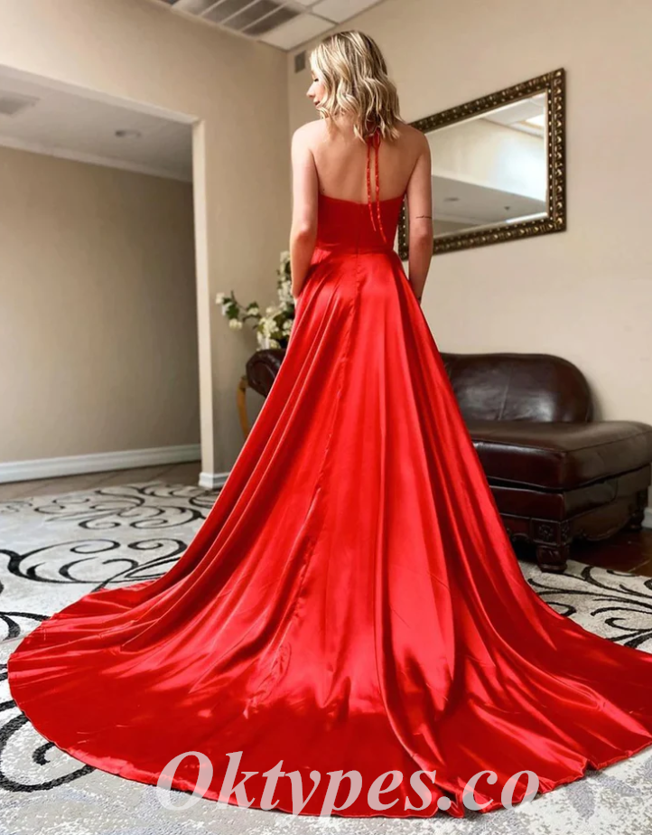 Sexy Red Satin Halter V-Neck Side Slit A-Line Long Prom Dresses With Pockets,PDS0597