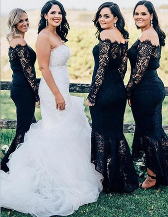 Mermaid Off-the-Shoulder Long Sleeve Navy Blue Lace Bridesmaid Dresses, TYP1311