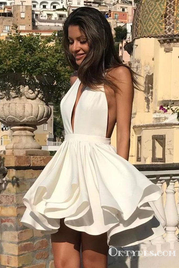 halter top homecoming dresses short A-line Halter Top Open Back Homecoming Dress Short Satin Prom Gowns