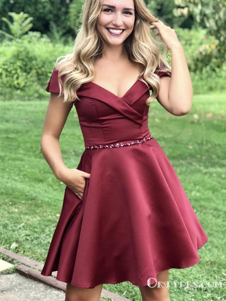 Cute Off Shoulder Burgundy Satin Short Homecoming Dresses with Beading Belt, TYP1965
