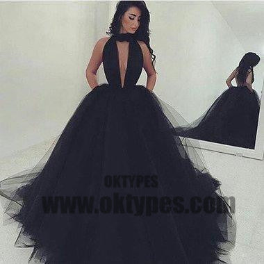 Black Long Mermaid Tulle Prom Dresses, Sexy Deep V-neck Prom Dresses, Backless Prom Dresses, Elegant Evening Dresses, TYP0272