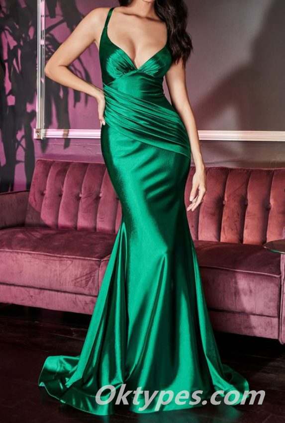 Sexy Soft Satin Strapless V-Neck Criss Cross Mermaid Long Prom Dresses With Pleats,PDS0340