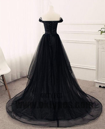 Black Long Mermaid Prom Dresses, Off-shoulder Prom Dresses, Lace Up Tulle Prom Dresses, TYP0357