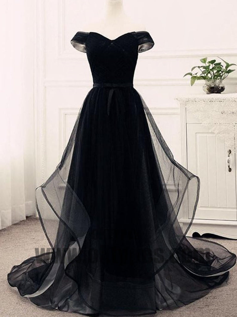 Black Long Mermaid Prom Dresses, Off-shoulder Prom Dresses, Lace Up Tulle Prom Dresses, TYP0357