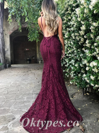 Sexy Lace Spaghetti Straps V-Neck Sleeveless Open Back Mermaid Long Prom Dresses,PDS0563