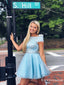 Sparkly A Line Scoop Open Back Cap Sleeves Light Blue Beaded Short Cheap Homecoming Dresses, TYP2034