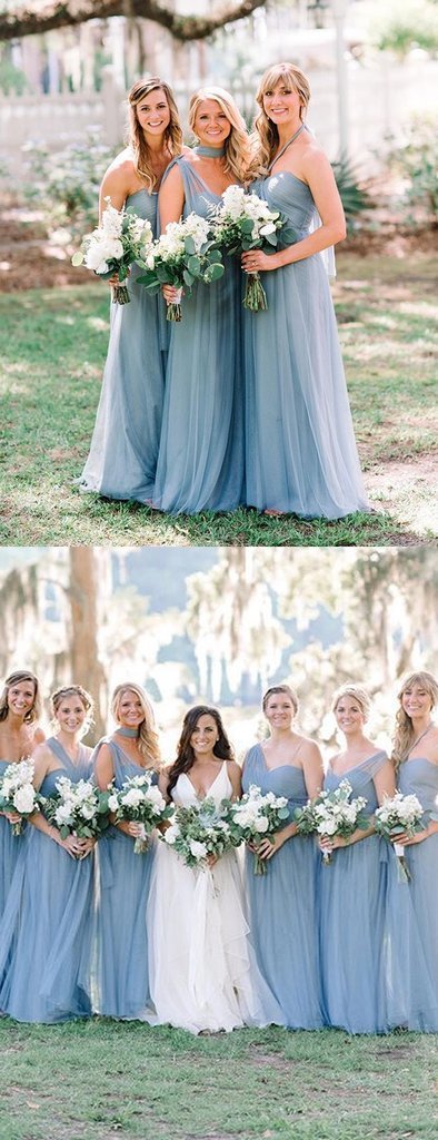 Convertible Long A-line Dusty Blue Tulle Bridesmaid Dresses, TYP1856