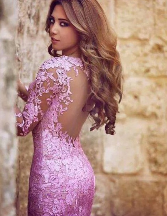 Mermaid Long Sleeves Open Back Purple Tulle Prom Dress with Lace Appliques, TYP1287