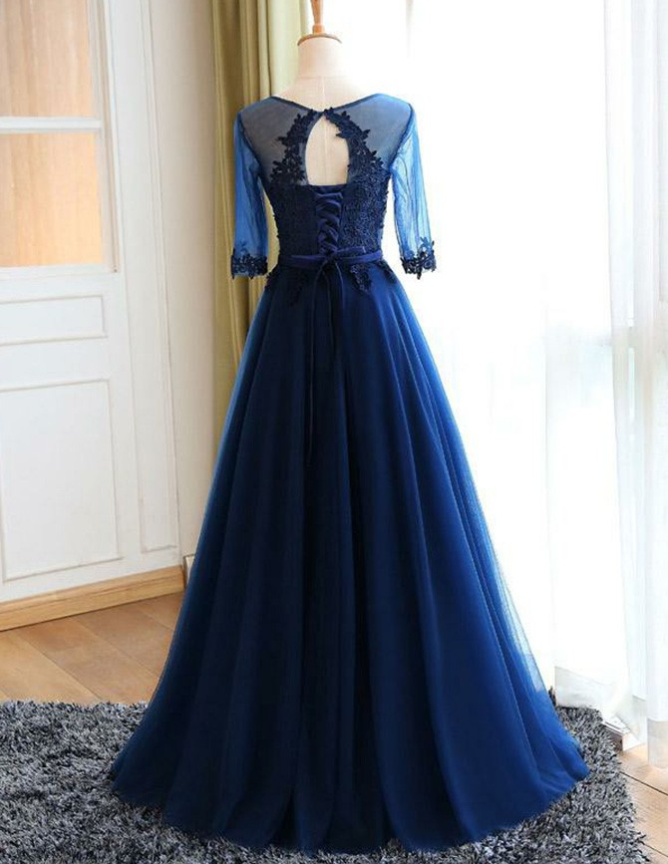 A-Line Round Neck Navy Blue Tulle Prom Dresses with Appliques, TYP1306