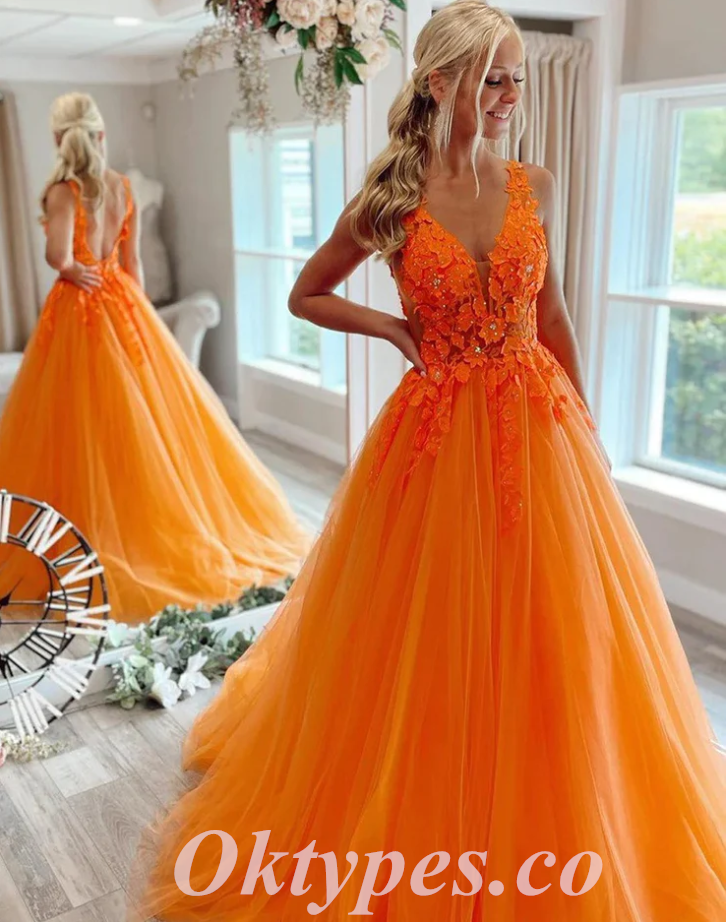 Elegant Orange Tulle Spaghetti Straps V-Neck A-Line Long Prom Dresses With Applique,PDS0592