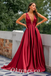 Sexy Burgandy Satin Spaghetti Straps V-Neck Sleeveless Open Back A-Line Long Prom Dresses,PDS0518