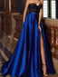 Black Lace Royal Blue Satin Strapless Side Slit A-line Prom Dresses,PDS0311