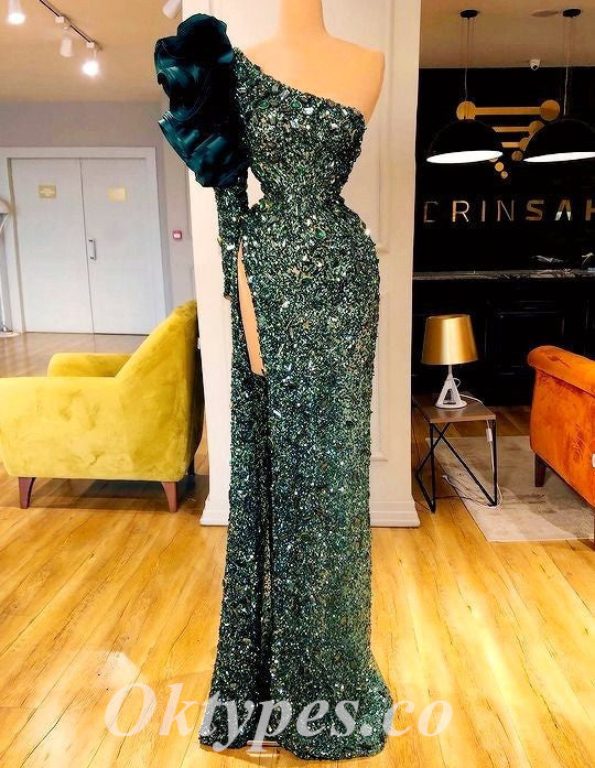 Sexy Shiny Sequin One Shoulder Long Sleeve Side Slit Mermaid Long prom Dresses, PDS0837