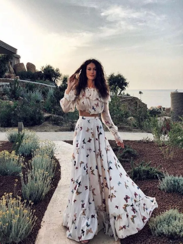Sexy Two Pieces Off Shoulder Butterflies Floral Printed Maxi Dress Prom Dresses, PDS0306