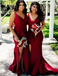 Mermaid V-Neck Red Satin Bridesmaid Dresses with Ruffles&Split, TYP1313