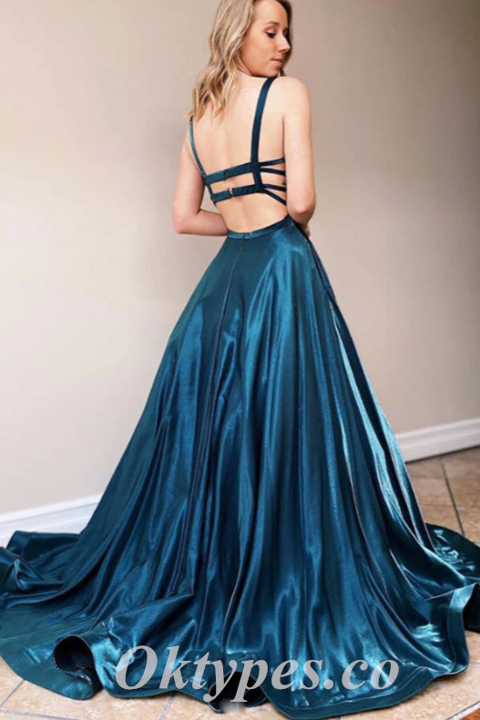 Sexy Satin Spaghetti Straps Square Sleeveless Open Back A-Line Long Prom Dresses,PDS0603