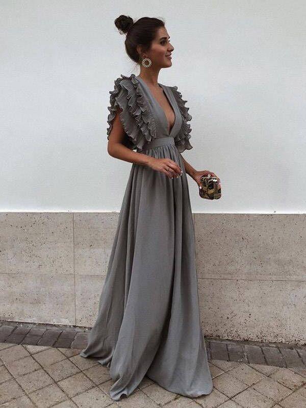 Grey Chiffon V Neck A Line Simple Long Bridesmaid Prom Dresses, TYP1444