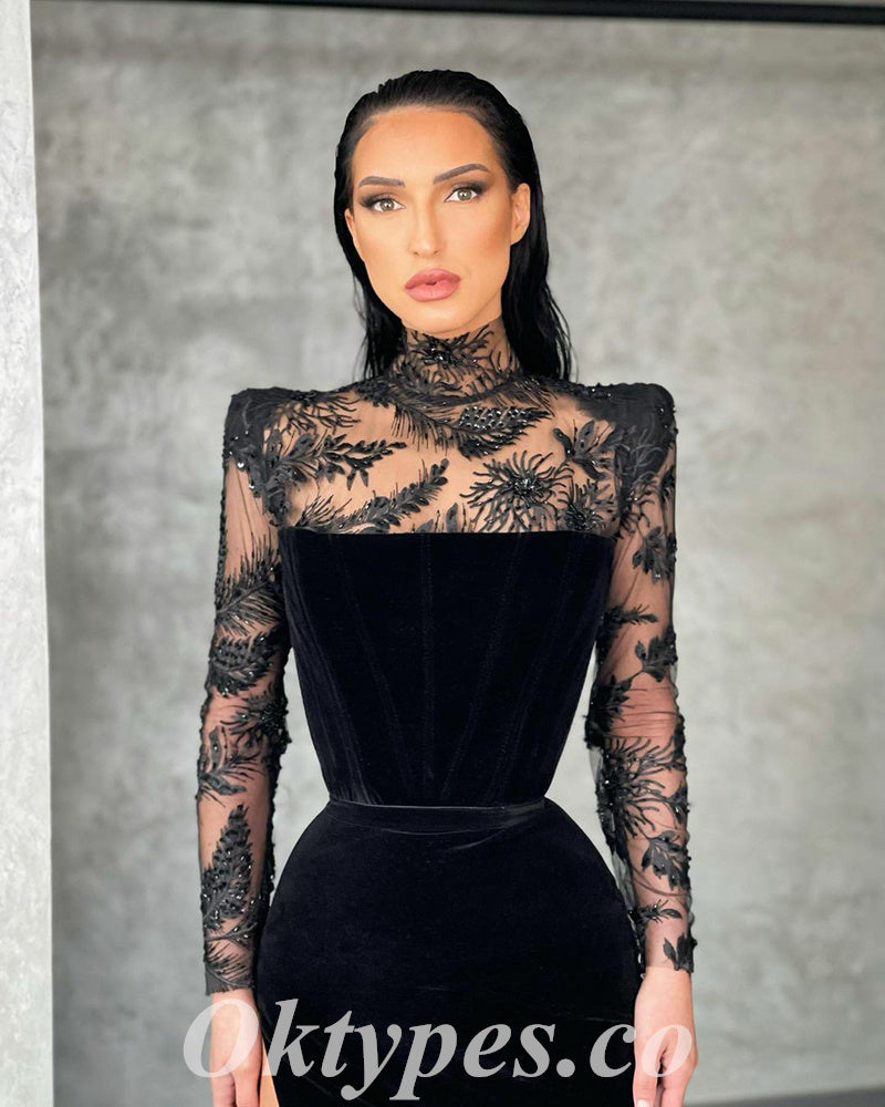 Elegant Black Velvet And Lace High Neck Long Sleeves Side Slit Mermaid Long Prom Dresses,PDS0674