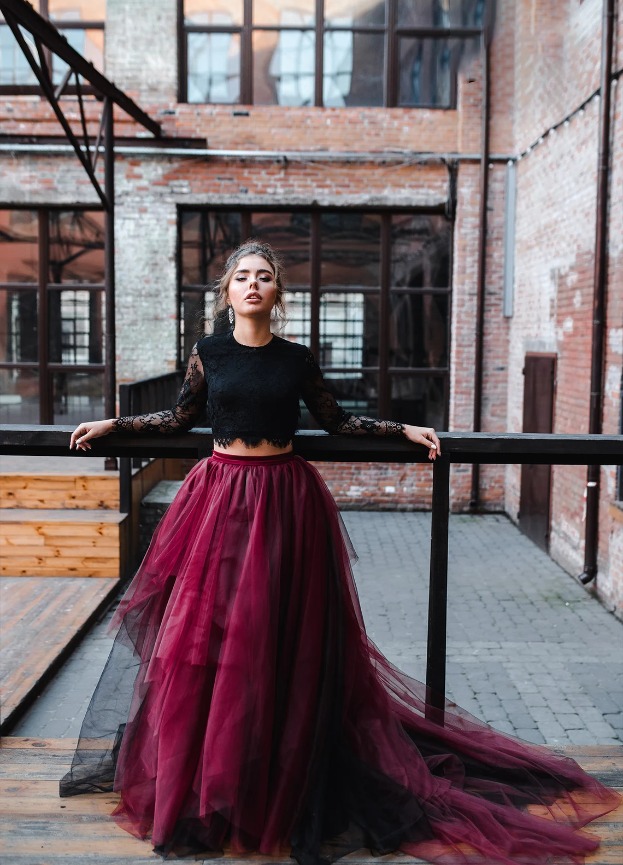 Two Pieces Black Lace Top And Tulle Burgundy Bottom Long Sleeves Open Back Wedding Dresses WDS0119