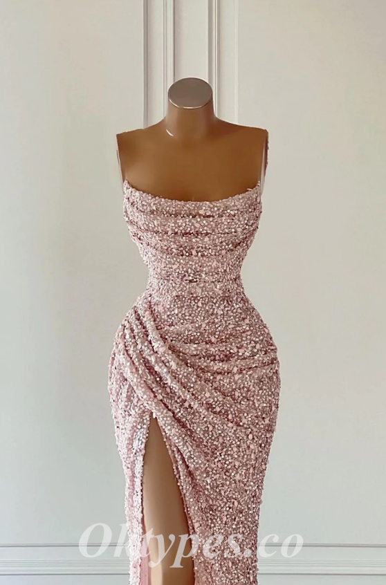 Sexy Shiny Sequin Sweetheart Sleeveless Side Slit Mermaid Long Prom Dresses With Pleats,PDS0532