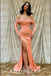 Sexy Satin Off Shoulder Long Sleeve Side Slit Mermaid Long Prom Dresses,PDS0714