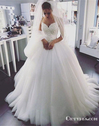 Romantic Ball Gown Sweetheart White Tulle Wedding Dresses with Appliques, TYP1946